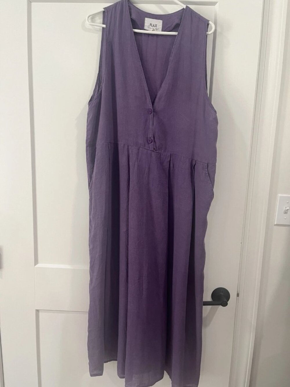 FLAX by Jeanne Engelhart Purple Linen Shift Midi Dress V-Neck Button Pockets M